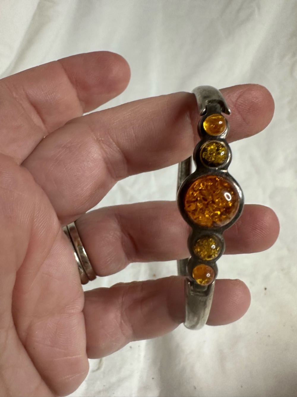 Vintage Baltic  Amber Cabochons silver hinged bracelet